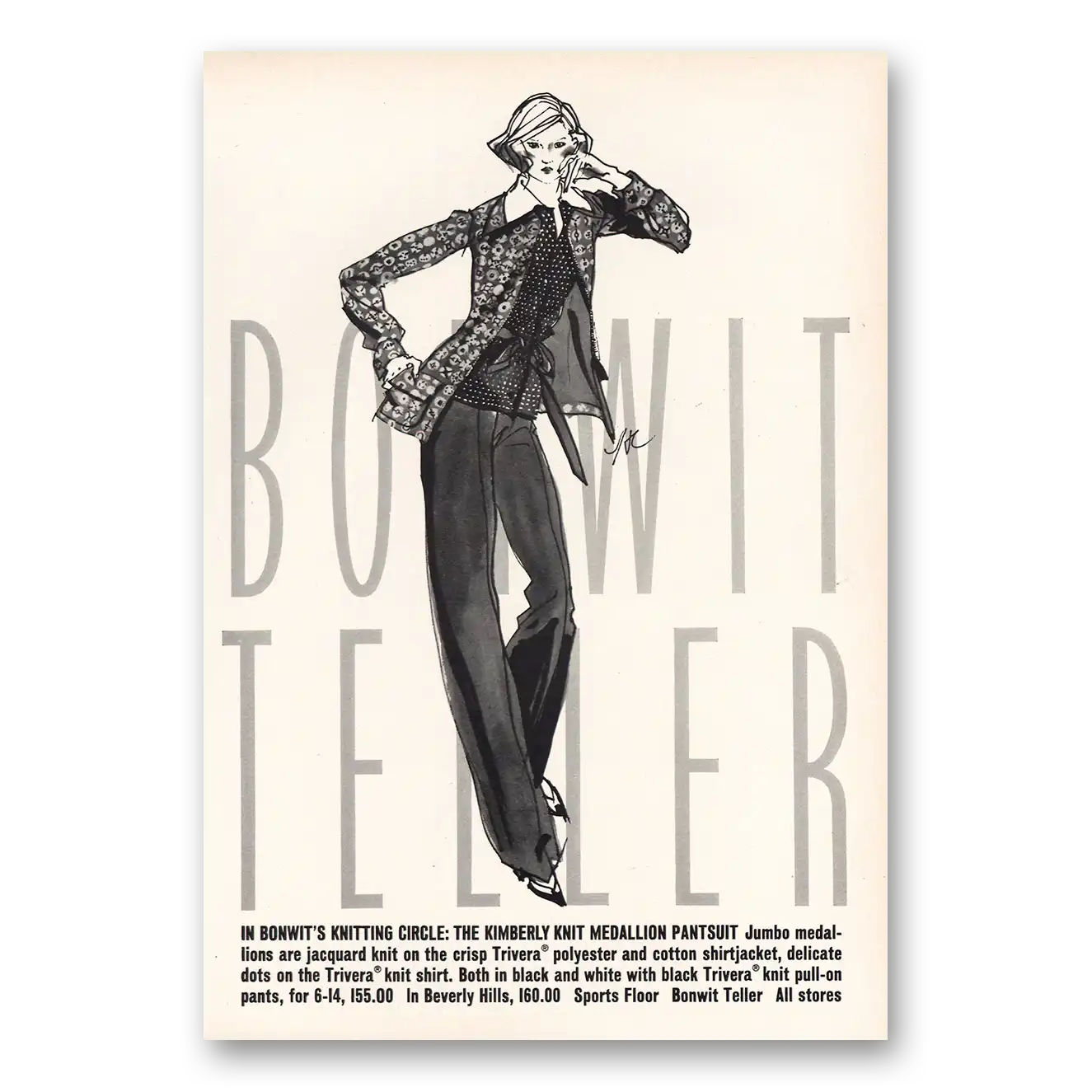 1973 Bonwit Teller Kimberly Knit Medallion Pantsuit Vintage Magazine Print Ad