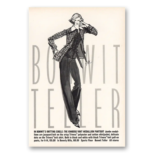 1973 Bonwit Teller Kimberly Knit Medallion Pantsuit Vintage Magazine Print Ad