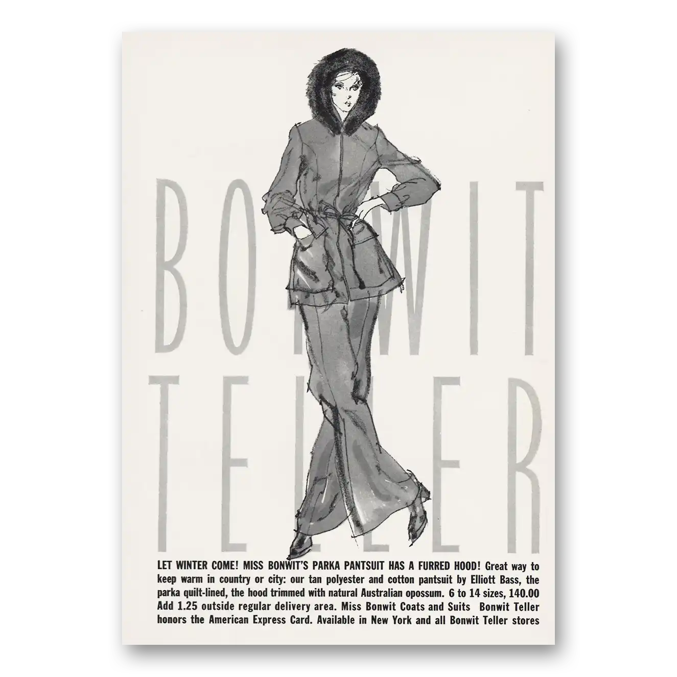 1973 Bonwit Teller Let Winter Come Parka Pantsuit Vintage Magazine Print Ad