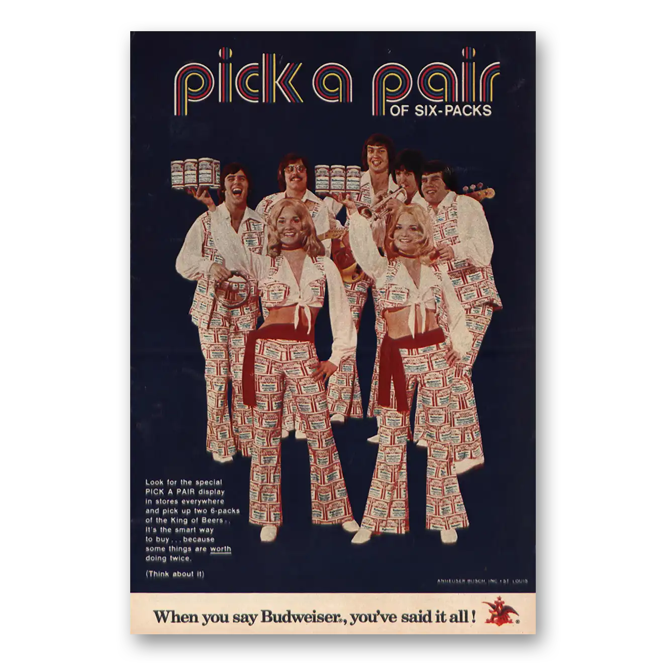 1973 Budweiser Beer Pick Pair Six Packs Vintage Magazine Print Ad