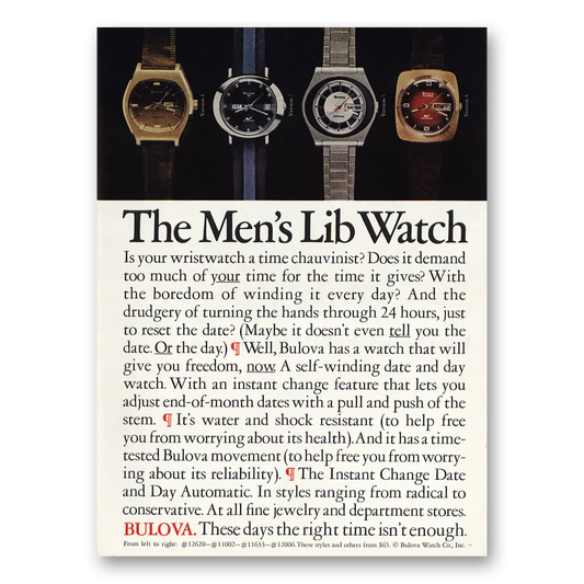 1973 Bulova Watch Mens Lib Watch Time Chauvinist Vintage Magazine Print Ad