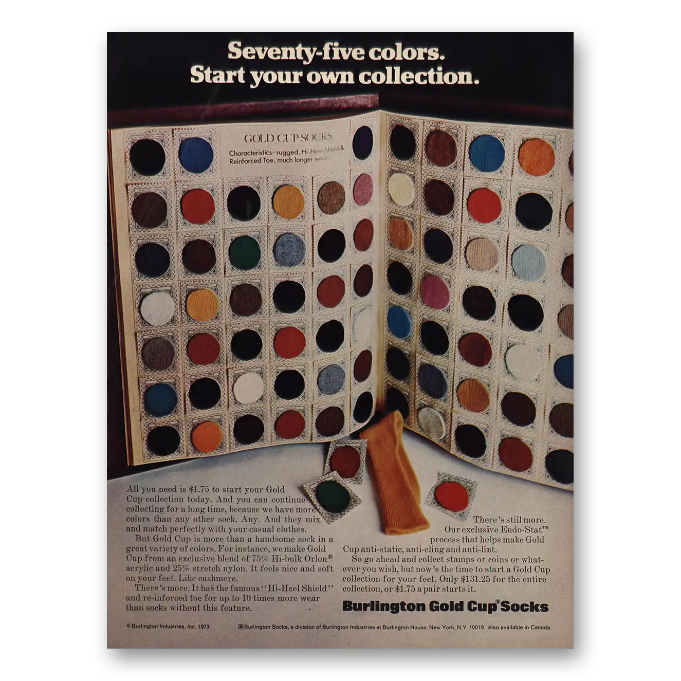 1973 Burlington Socks Seventy Five Colors Vintage Magazine Print Ad