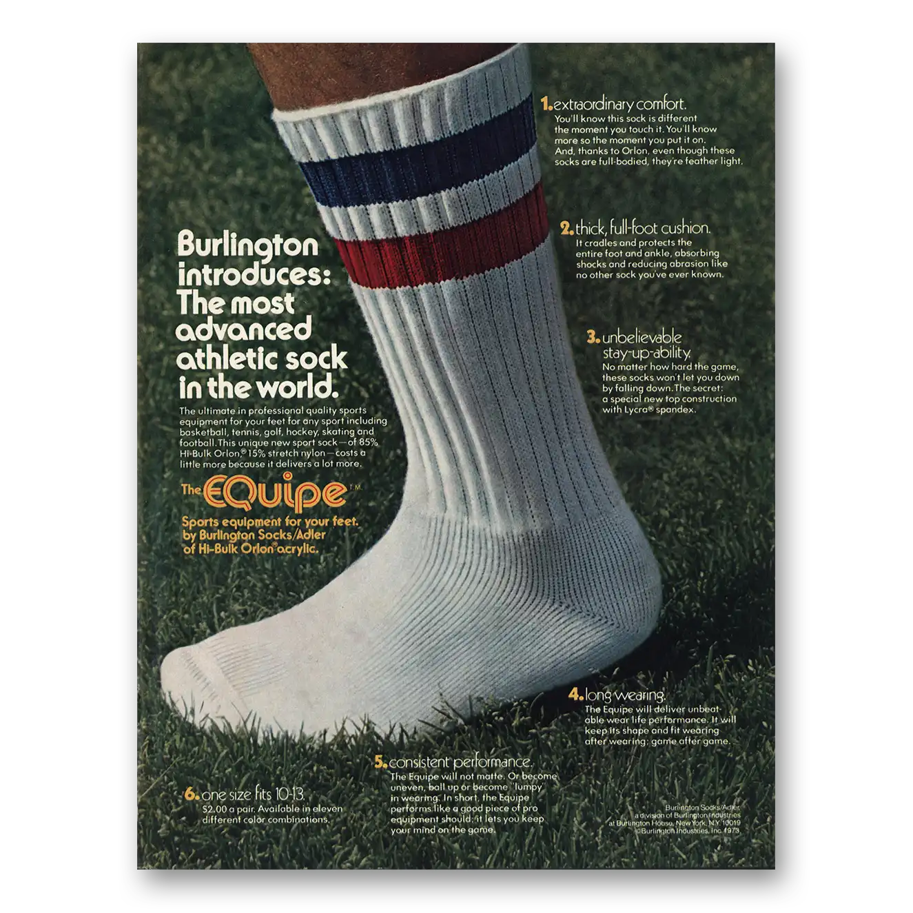 1973 Burlington Socks Equipe Socks Most Advanced Athletic Sock Vintage Magazine Print Ad