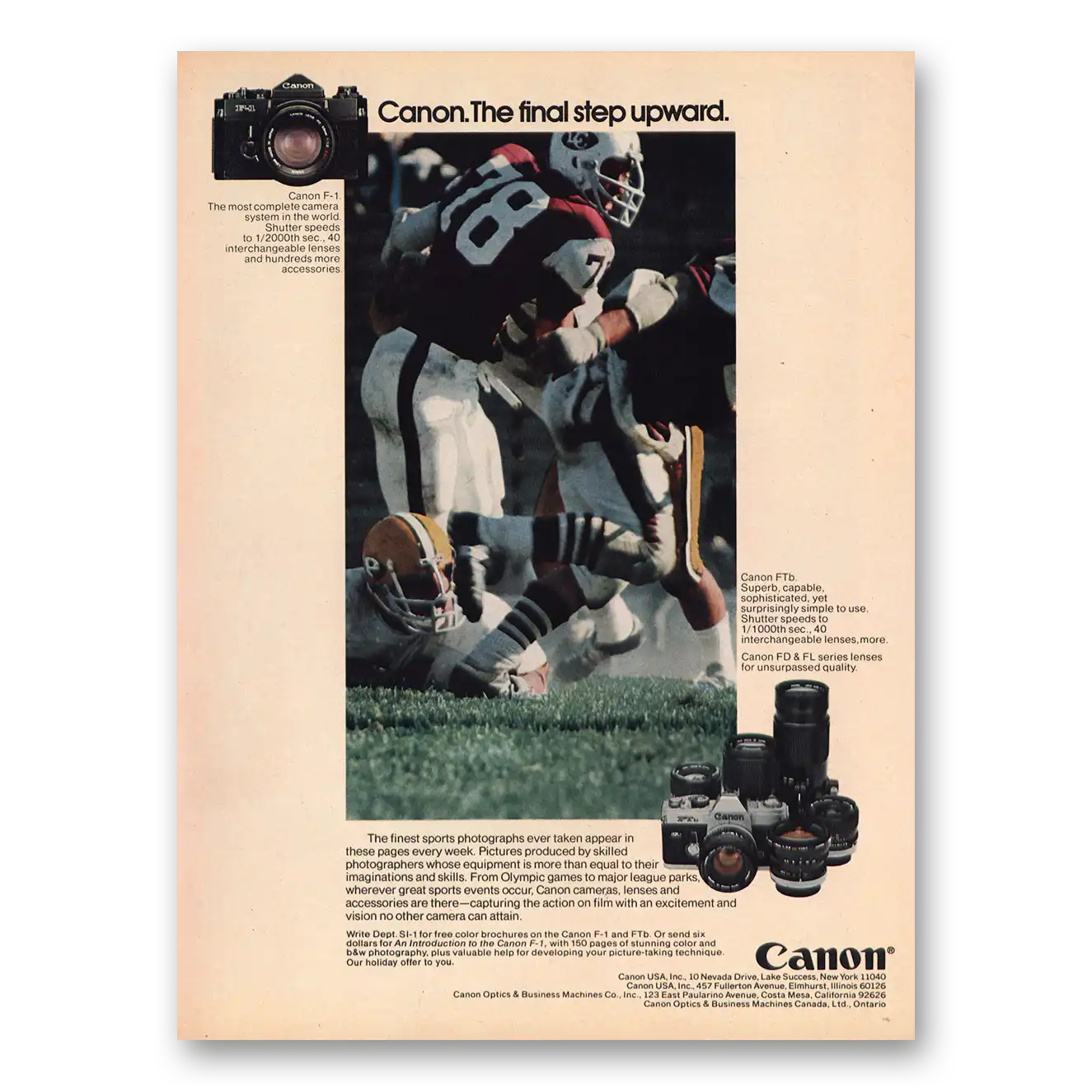 1973 Canon Camera F1 Camera Final Step Upward Football Vintage Magazine Print Ad