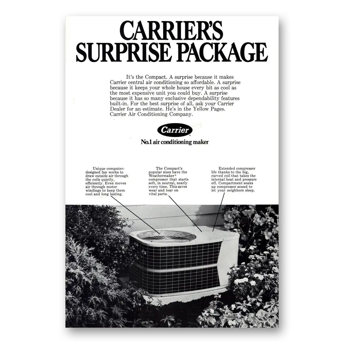 1973 Carrier Air Conditioning Surprise Package Vintage Magazine Print Ad