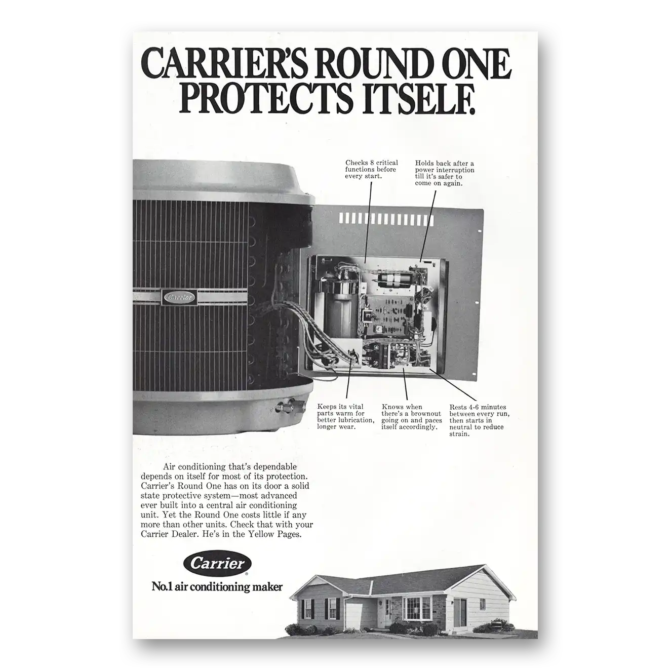 1973 Carrier Air Conditioning Round One Protects Itself Vintage Magazine Print Ad