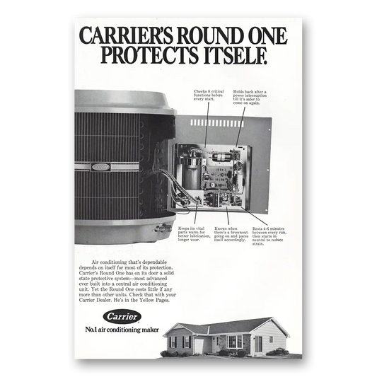 1973 Carrier Air Conditioning Round One Protects Itself Vintage Magazine Print Ad