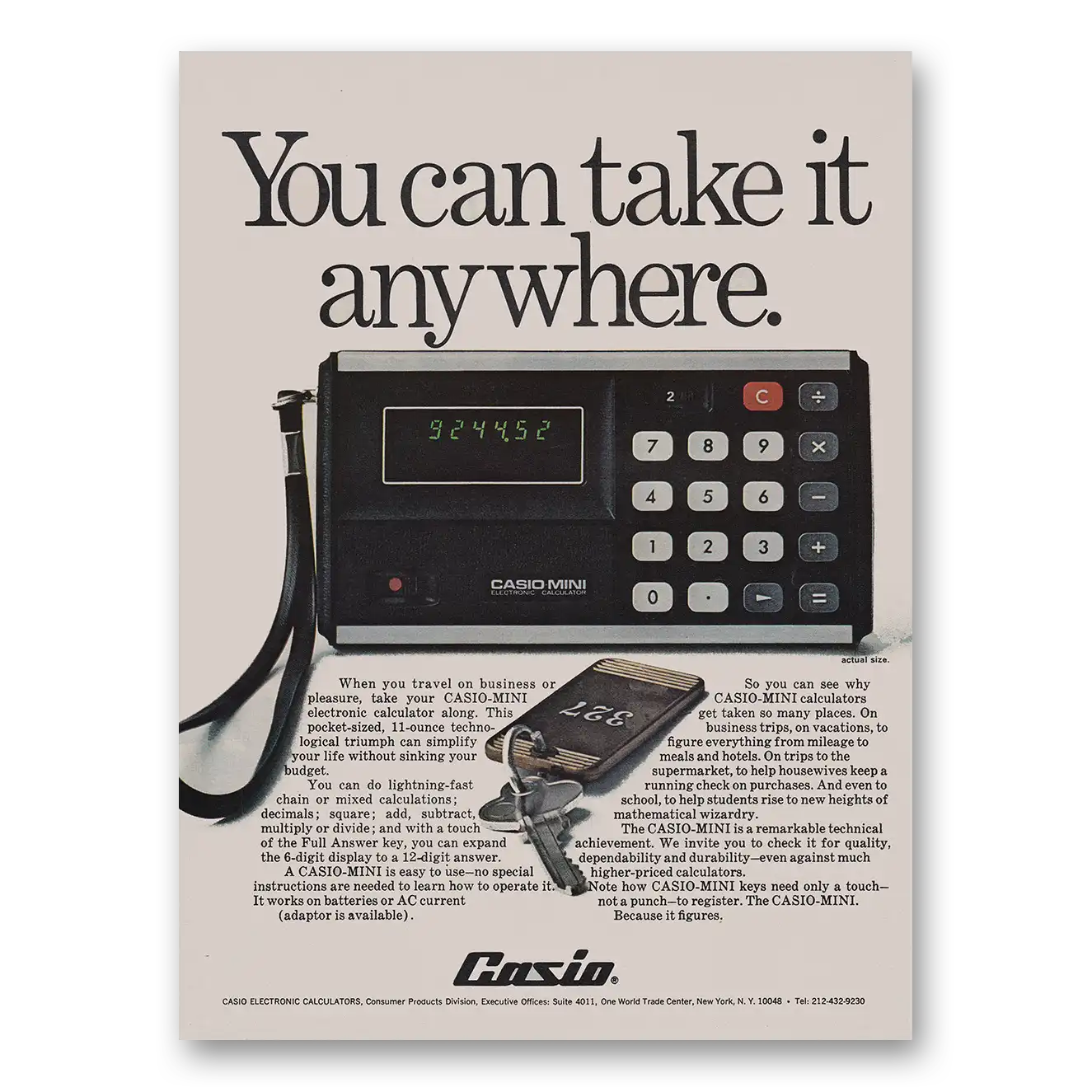 1973 Casio Mini Calculator You Can Take It Anywhere Vintage Magazine Print Ad