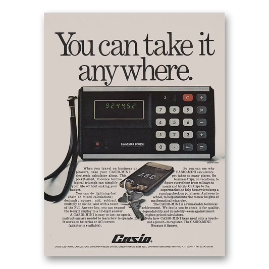 1973 Casio Mini Calculator You Can Take It Anywhere Vintage Magazine Print Ad