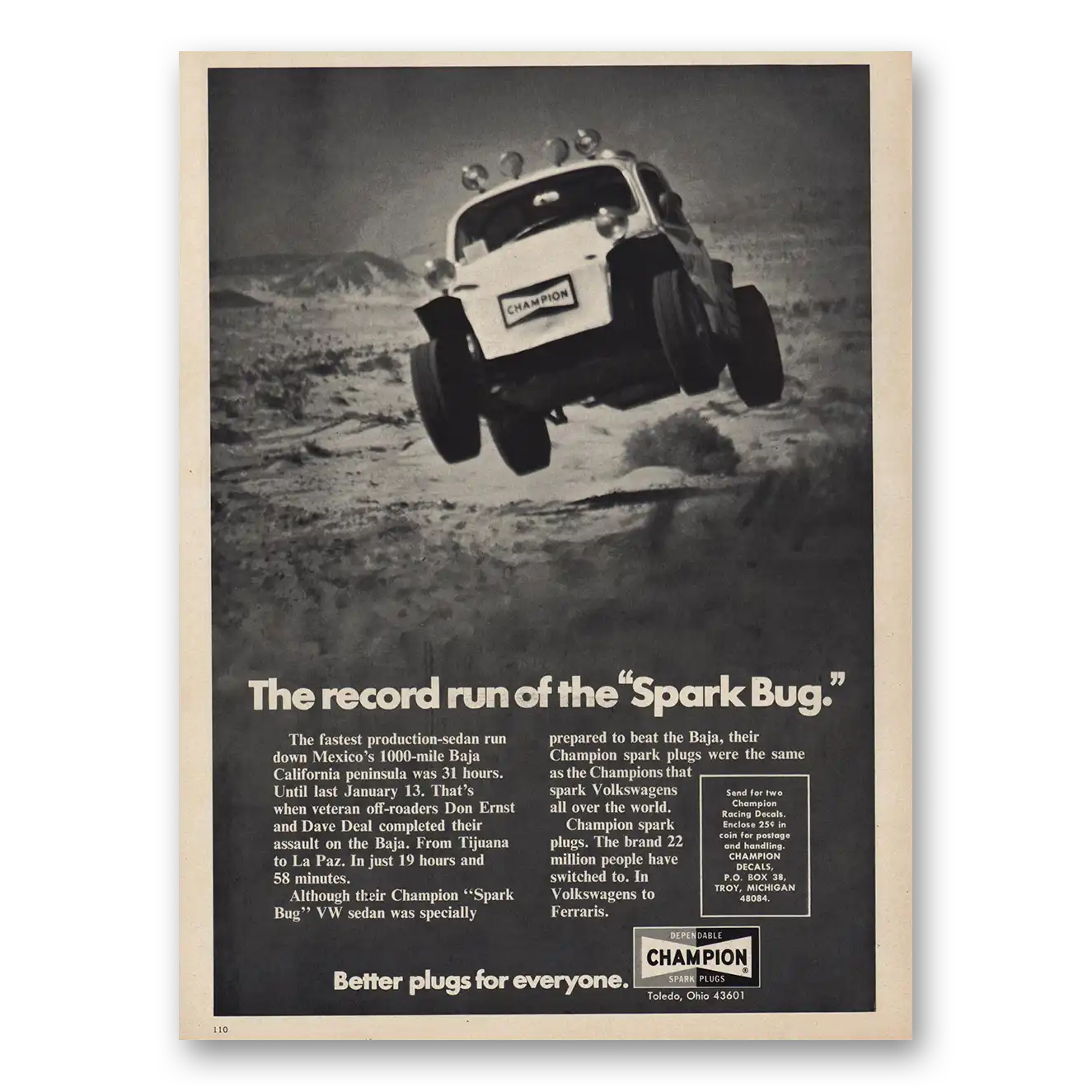 1973 Champion Spark Plugs Record Run Spark Bug Vintage Magazine Print Ad