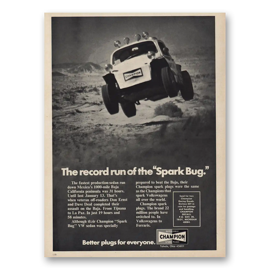 1973 Champion Spark Plugs Record Run Spark Bug Vintage Magazine Print Ad