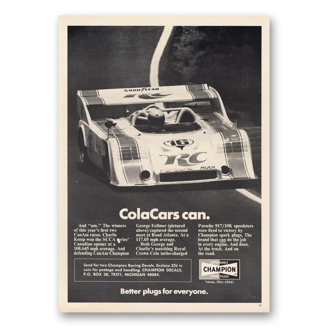 1973 Champion Spark Plugs ColaCars Can Vintage Magazine Print Ad