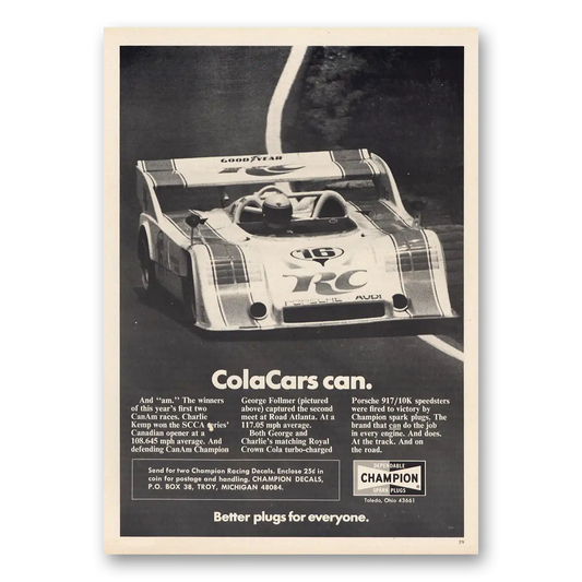 1973 Champion Spark Plugs ColaCars Can Vintage Magazine Print Ad