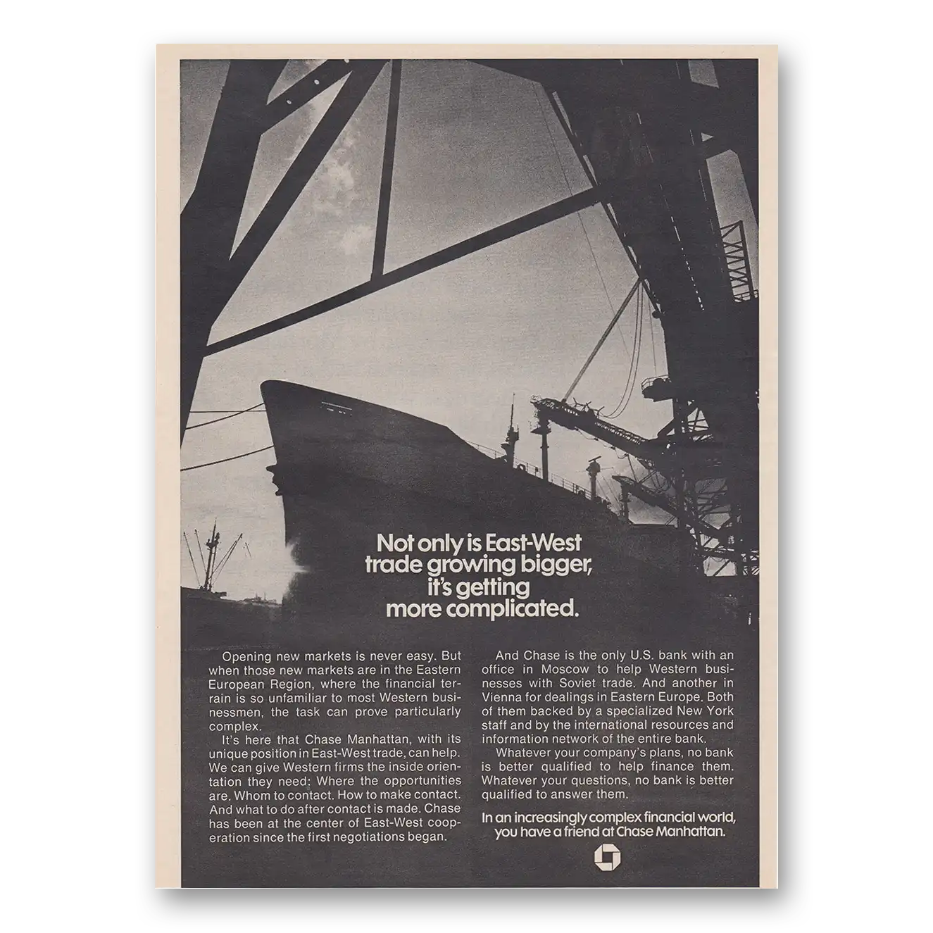 1973 Chase Manhattan Bank East West Trade Growing Bigger Vintage Magazine Print Ad