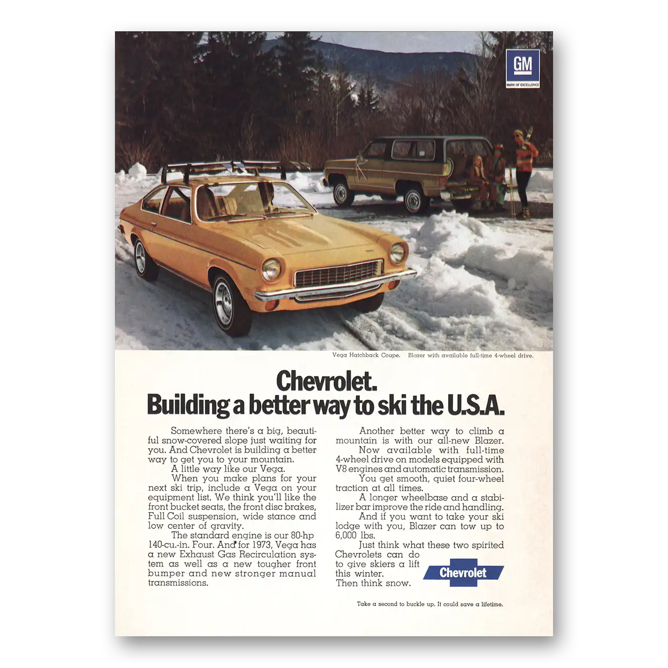 1973 Chevrolet Building Better Way to Ski USA Vintage Magazine Print Ad