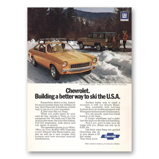 1973 Chevrolet Building Better Way to Ski USA Vintage Magazine Print Ad