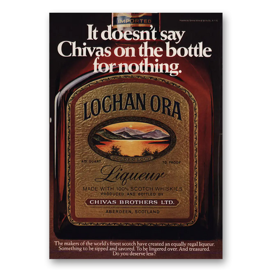 1973 Lochan Ora Liqueur Doesn’t Say Chivas On the Bottle Vintage Magazine Print Ad