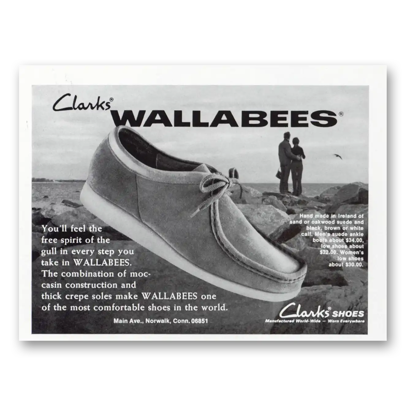 1973 Clarks Shoes Wallabees Feel the Free Spirit Vintage Magazine Print Ad