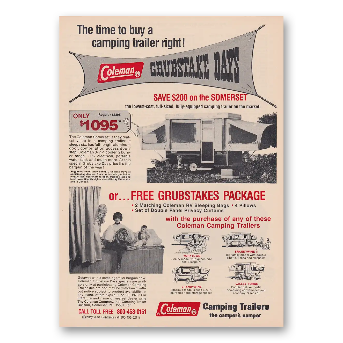 1973 Coleman Camping Trailers Grubstake Days Vintage Magazine Print Ad