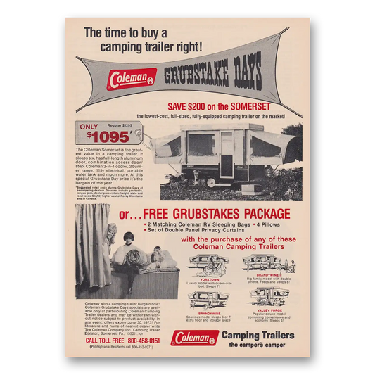 1973 Coleman Camping Trailers Grubstake Days Vintage Magazine Print Ad