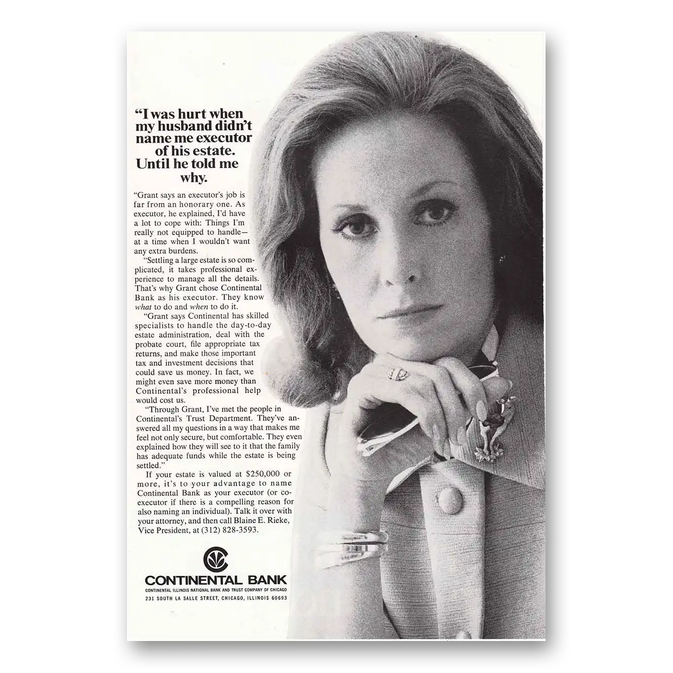 1973 Continental Bank I Was Hurt When My Husband Vintage Magazine Print Ad