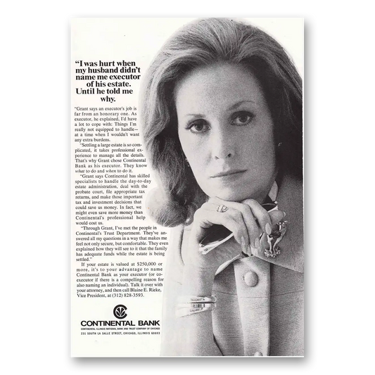 1973 Continental Bank I Was Hurt When My Husband Vintage Magazine Print Ad