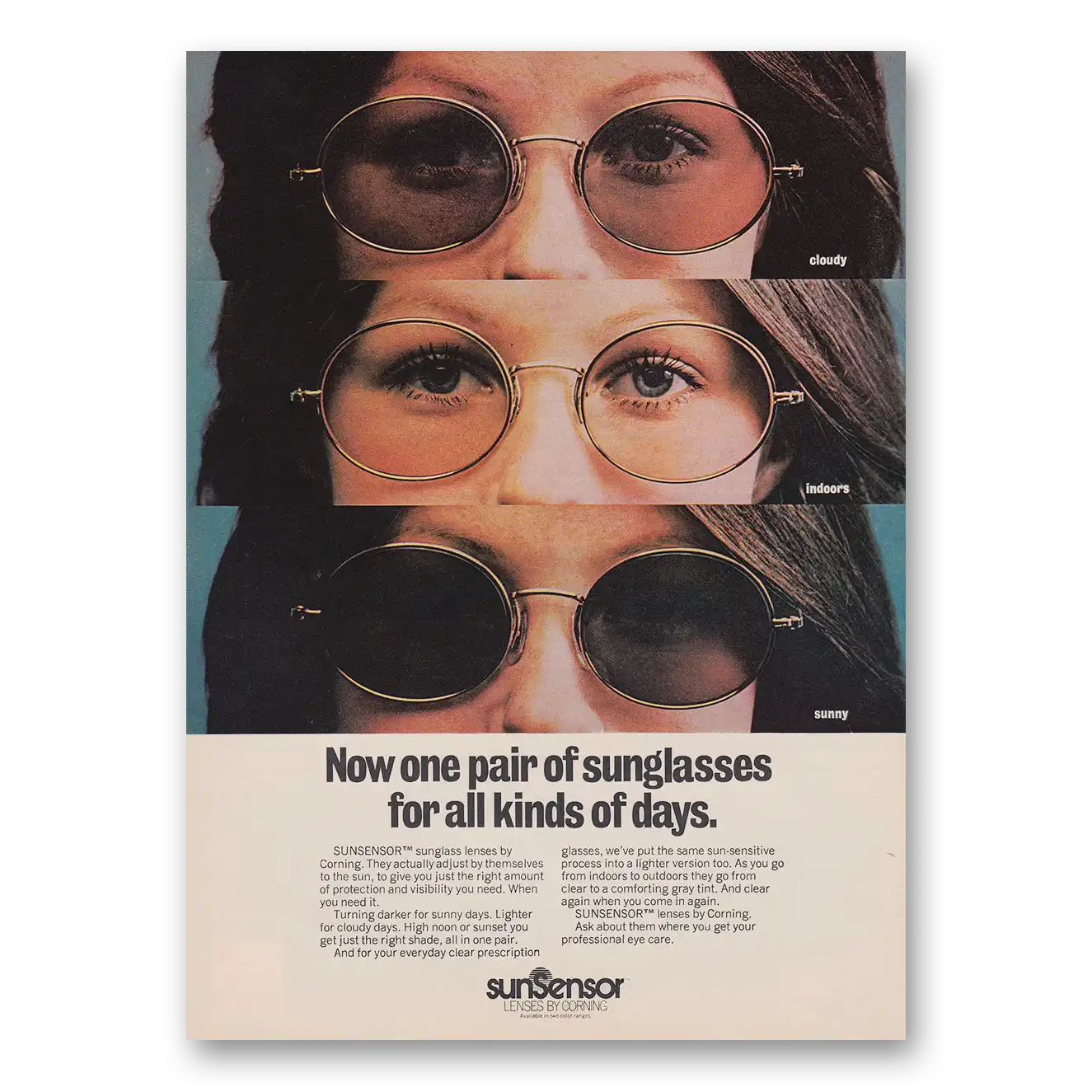 1973 SunSensor Lenses One Pair of Sunglasses Vintage Magazine Print Ad