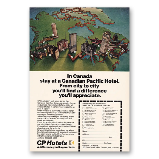 1973 CP Hotels Canadian Pacific Hotels Vintage Magazine Print Ad