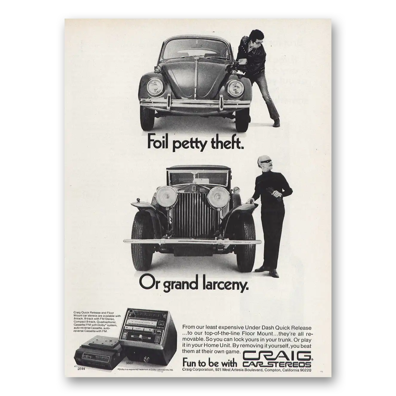 1973 Craig Car Stereos Foil Petty Theft Vintage Magazine Print Ad