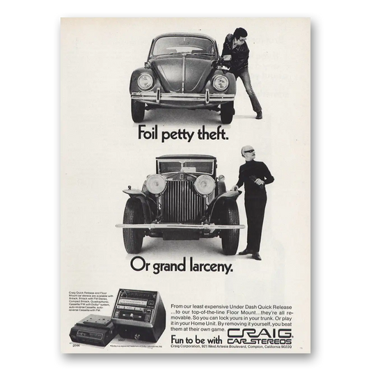 1973 Craig Car Stereos Foil Petty Theft Vintage Magazine Print Ad