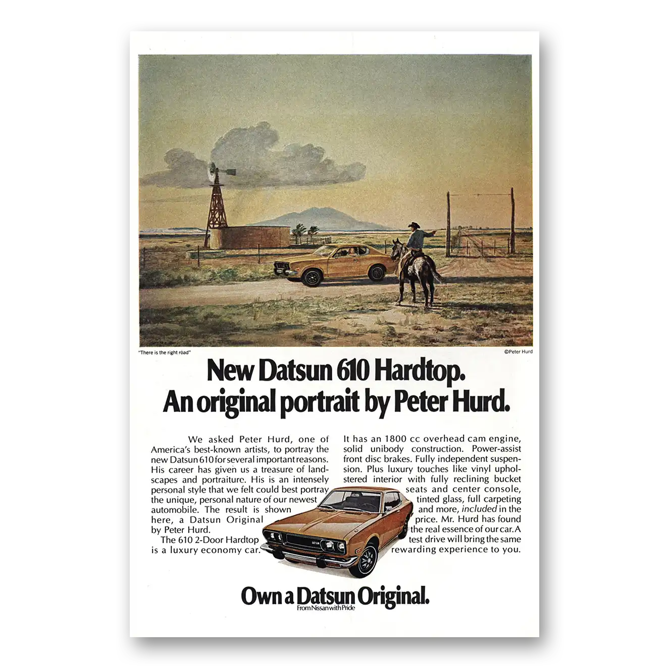 1973 Datsun 610 Hardtop Original Portrait by Peter Hurd Vintage Magazine Print Ad