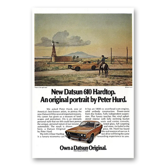 1973 Datsun 610 Hardtop Original Portrait by Peter Hurd Vintage Magazine Print Ad