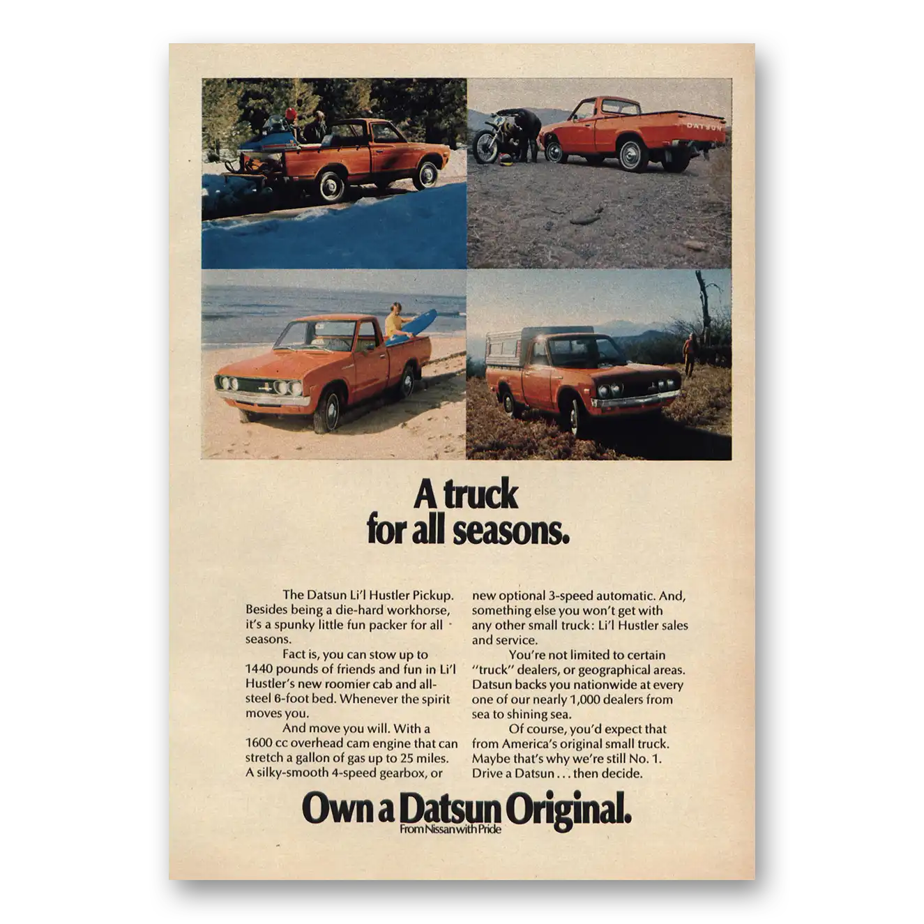 1973 Datsun Trucks Truck for All Seasons Vintage Magazine Print Ad