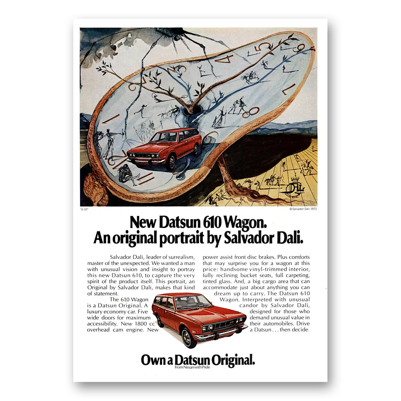 1973 Datsun 610 Wagon Original Portrait by Salvador Dali Vintage Magazine Print Ad