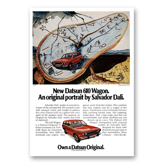 1973 Datsun 610 Wagon Original Portrait by Salvador Dali Vintage Magazine Print Ad