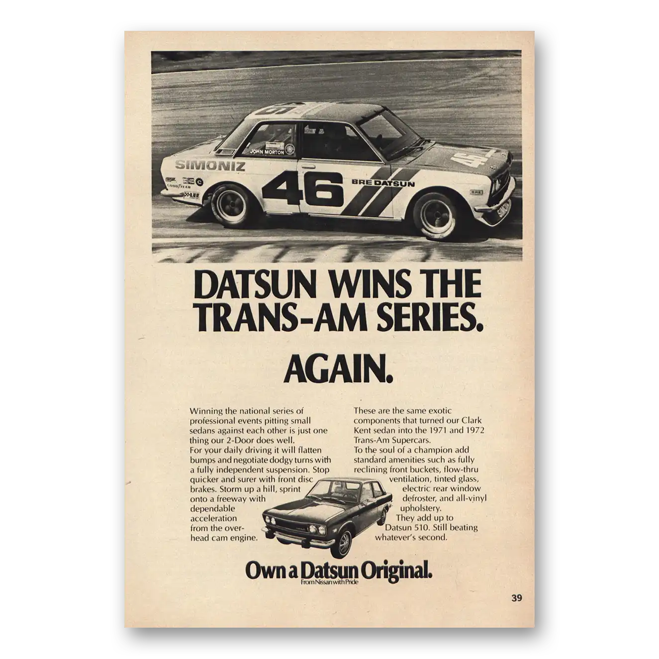 1973 Datsun Wins Trans Am Series Again Vintage Magazine Print Ad