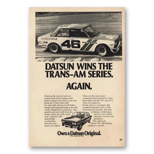 1973 Datsun Wins Trans Am Series Again Vintage Magazine Print Ad