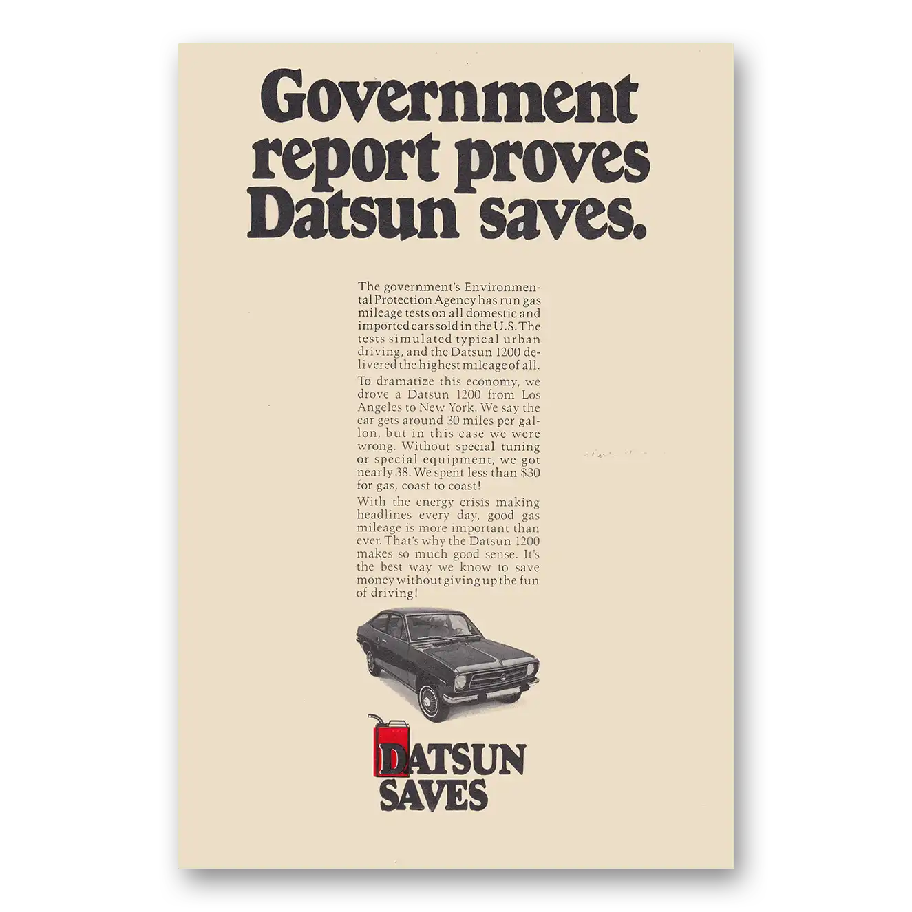 1973 Datsun 1200 Government Report Proves Datsun Saves Vintage Magazine Print Ad