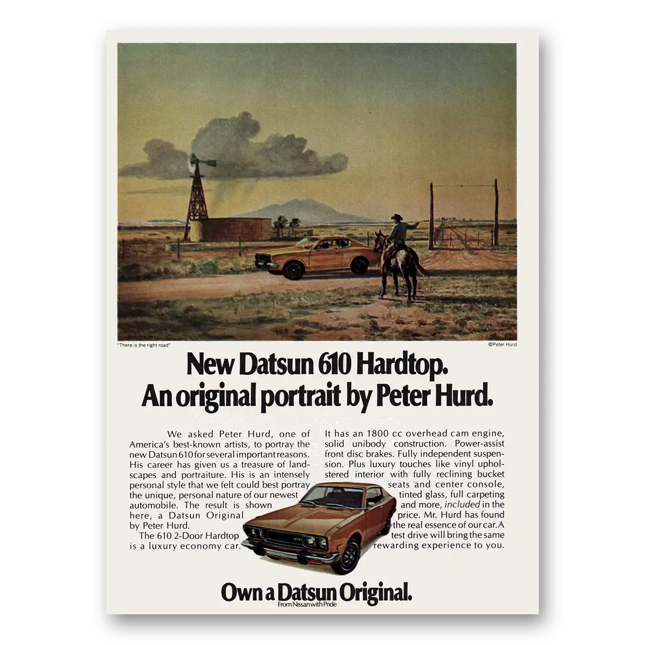 1973 Datsun 610 Hardtop Original Portrait by Peter Hurd Vintage Magazine Print Ad