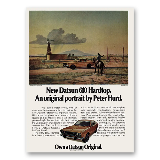 1973 Datsun 610 Hardtop Original Portrait by Peter Hurd Vintage Magazine Print Ad