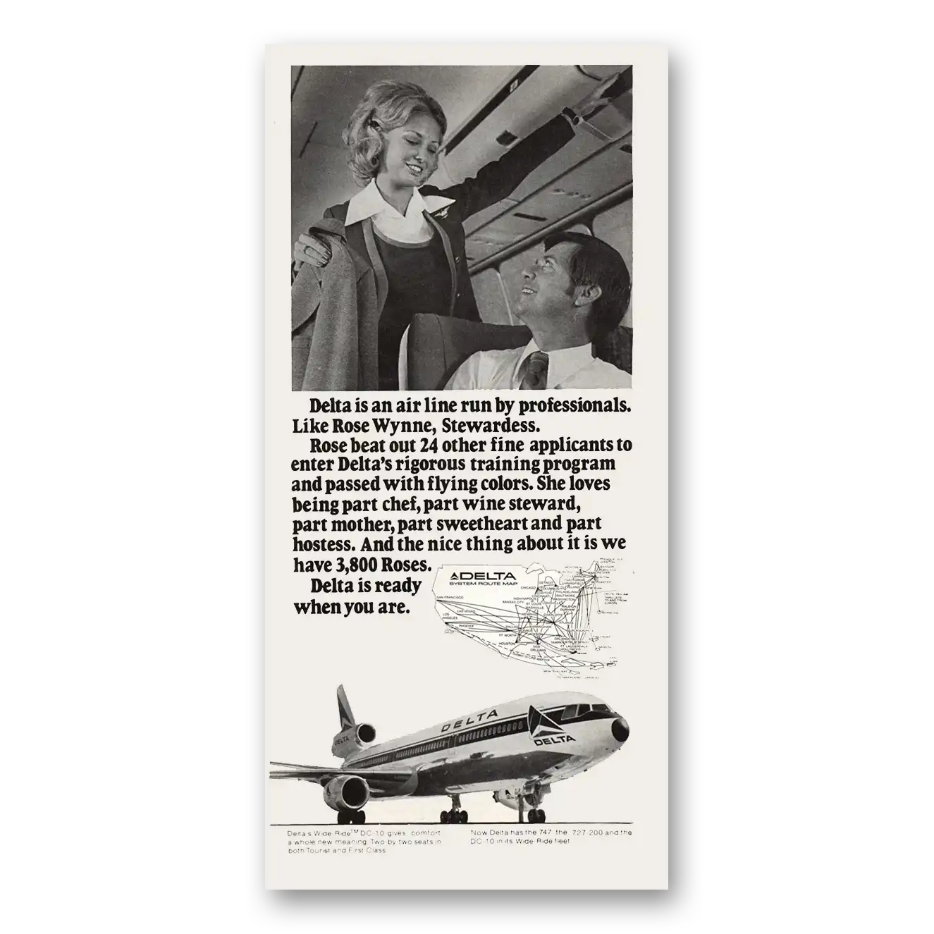 1973 Delta Air Lines Rose Wynne Stewardess Vintage Magazine Print Ad