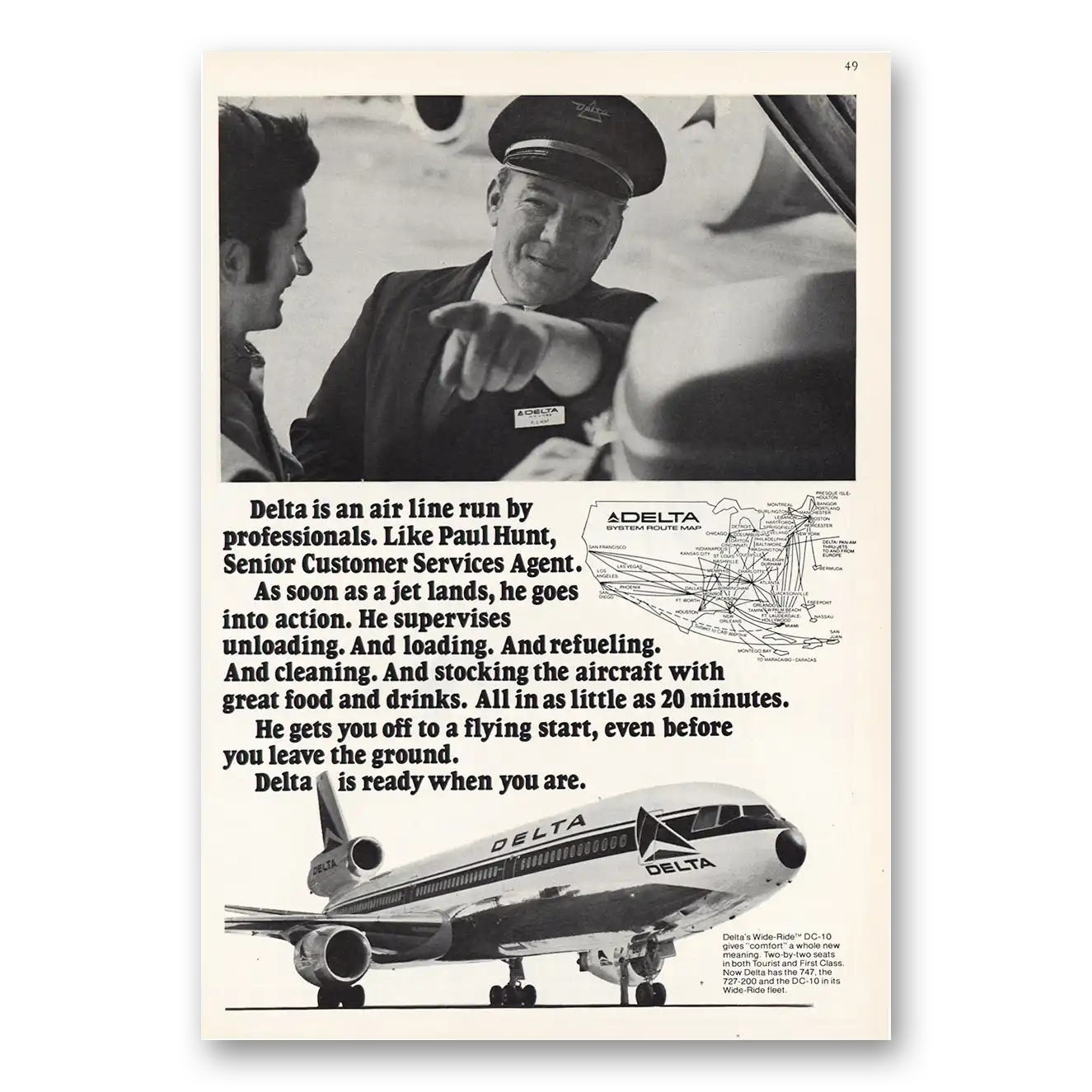 1973 Delta Air Lines Paul Hunt Customer Service Vintage Magazine Print Ad