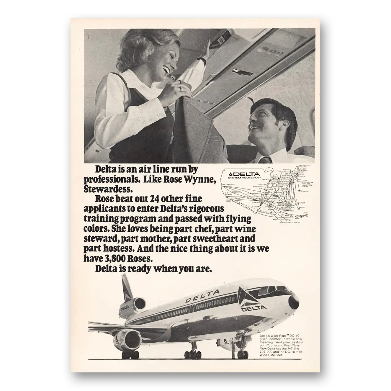 1973 Delta Air Lines Rose Wynne Vintage Magazine Print Ad