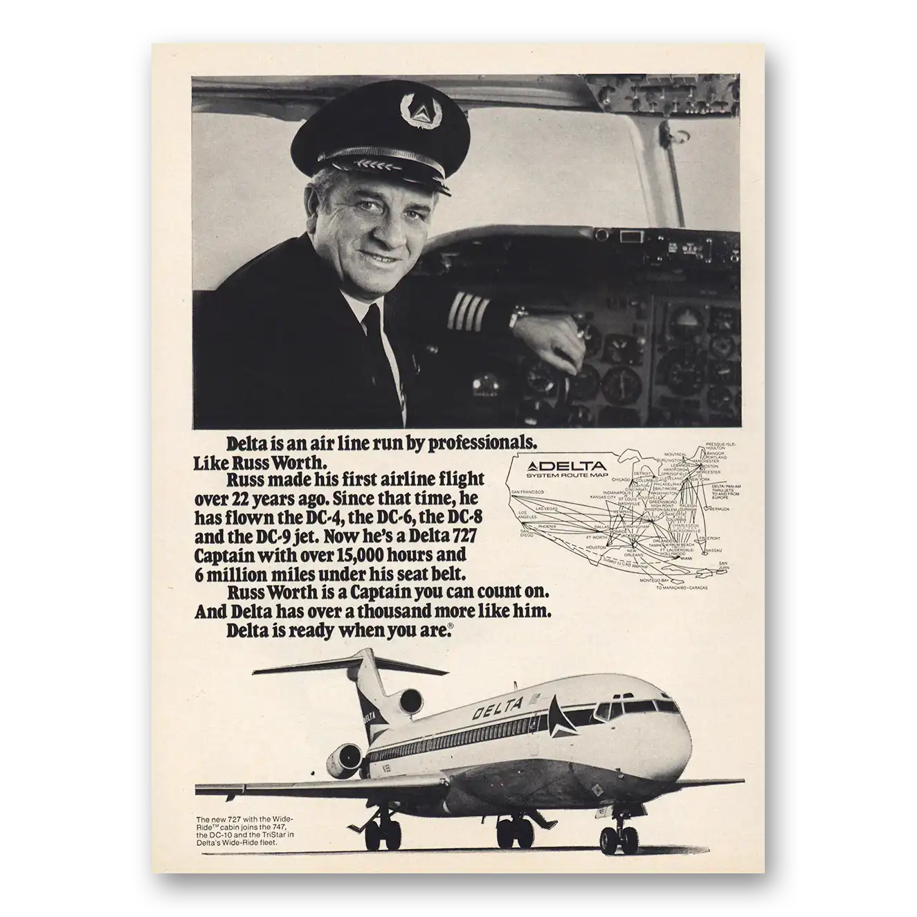 1974 Delta Air Lines Pilot Russ Worth Vintage Magazine Print Ad