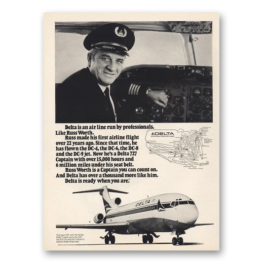 1974 Delta Air Lines Pilot Russ Worth Vintage Magazine Print Ad