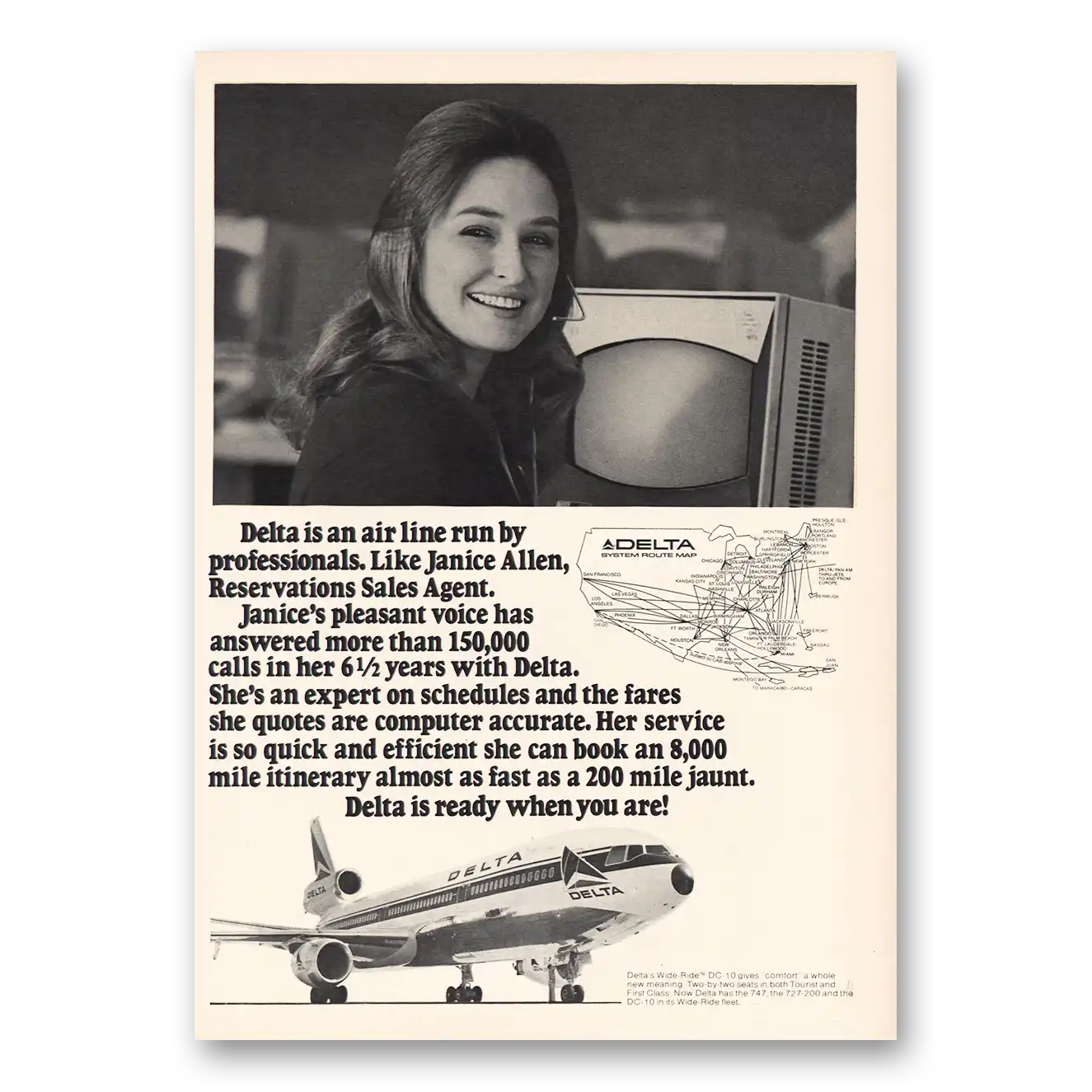 1973 Delta Air Lines Janice Allen Reservations Agent Vintage Magazine Print Ad