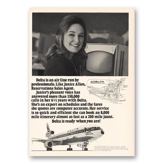 1973 Delta Air Lines Janice Allen Reservations Agent Vintage Magazine Print Ad