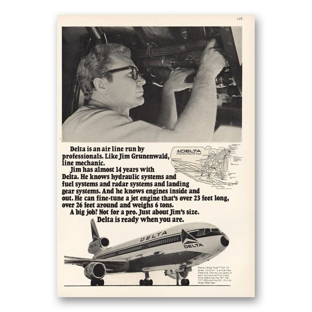 1973 Delta Air Lines Jim Grunenwald Line Mechanic Vintage Magazine Print Ad