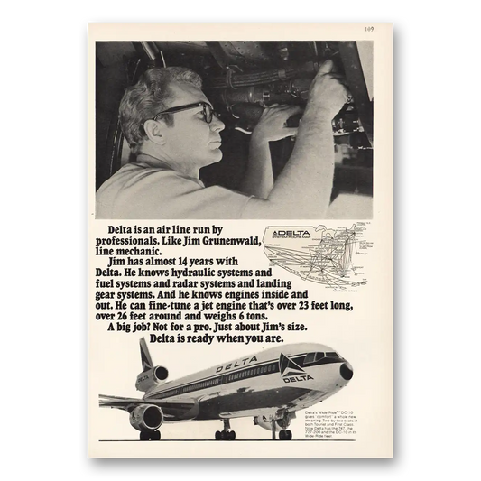 1973 Delta Air Lines Jim Grunenwald Line Mechanic Vintage Magazine Print Ad