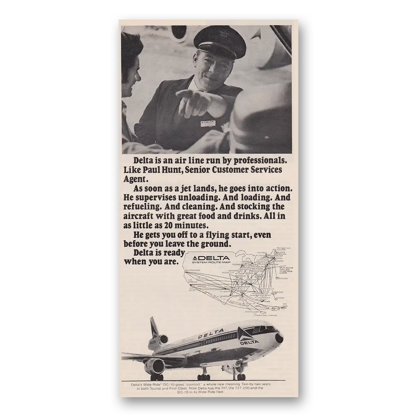 1973 Delta Air Lines Paul Hunt Customer Service Agent Vintage Magazine Print Ad